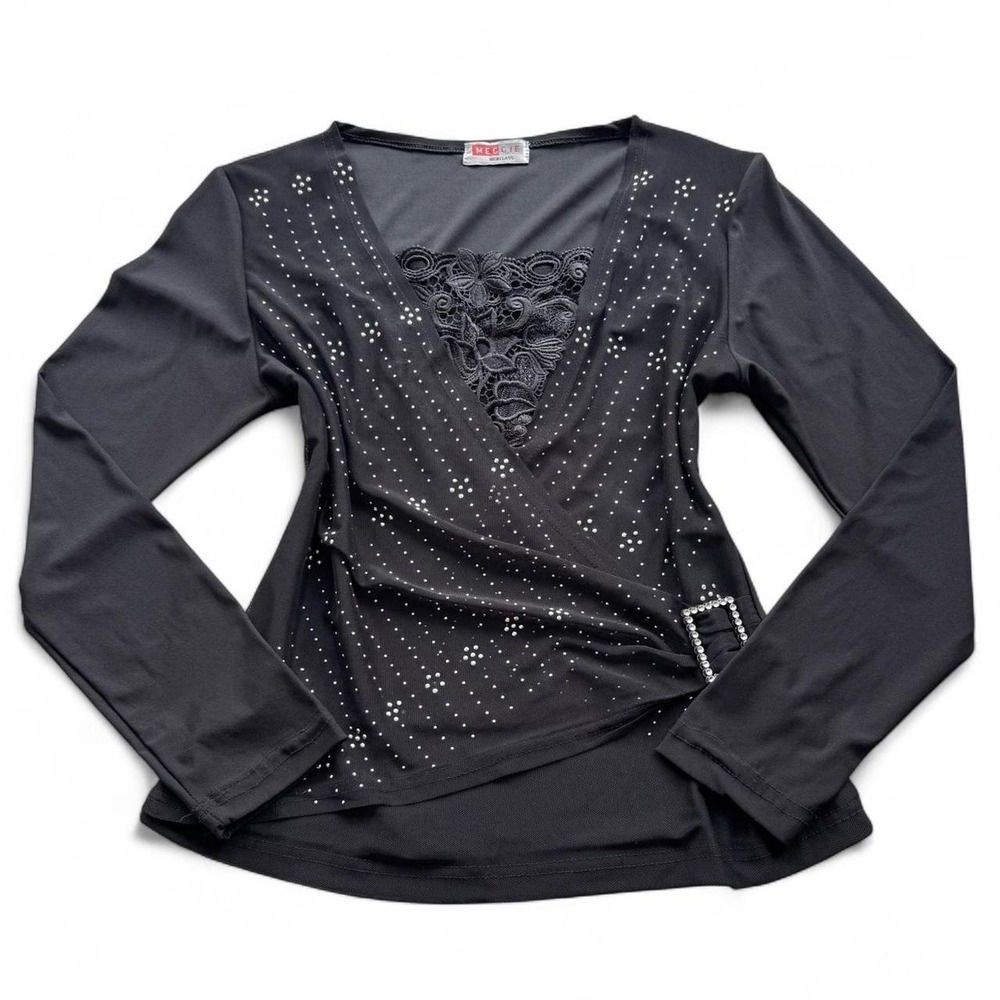 Y2K Black Rhinestone Studded Lace Mesh Draped Layered Long Sleeve Top Large